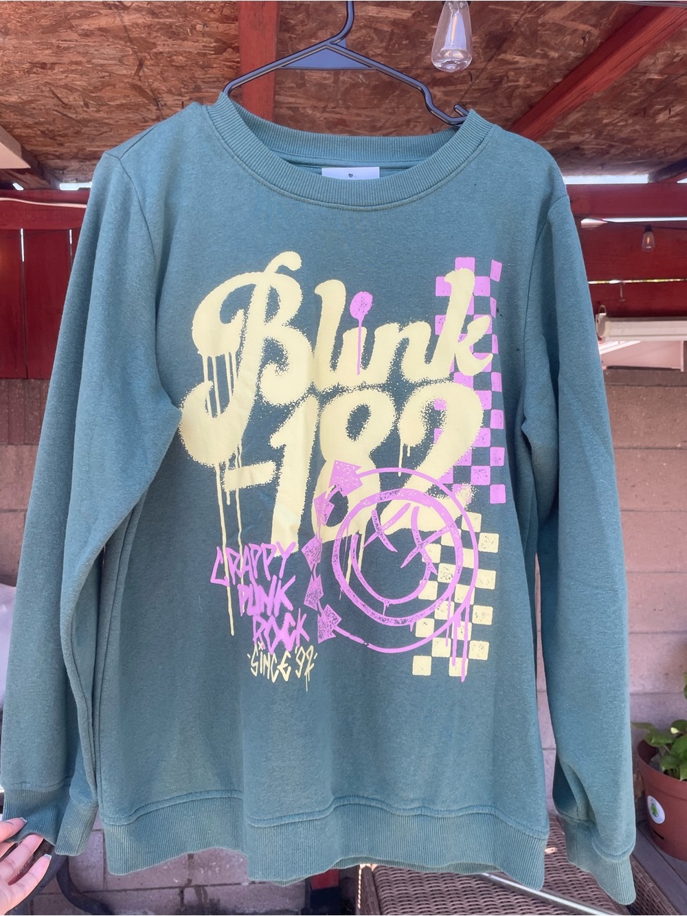 Blink 182 Green Graphic crewneck with Yellow & Pink Print